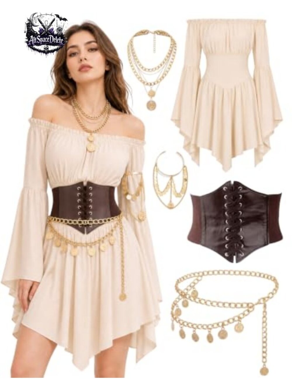 Pirate Costume Women Renaissance Off Shoulder Dress Corset Belt Halloween Outfit